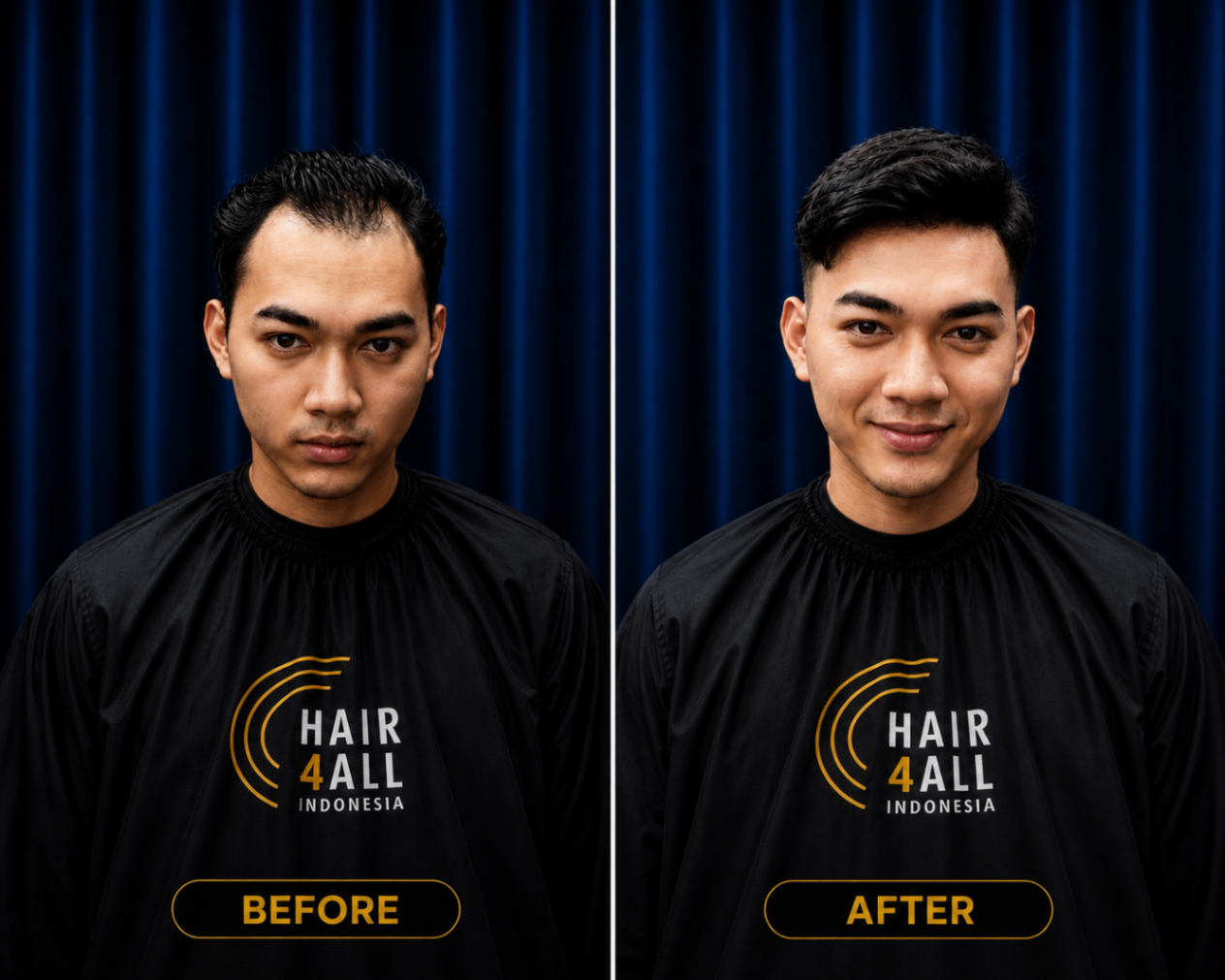 Transformasi klien Hair4All Indonesia 15 — sebelum dan sesudah hair replacement
